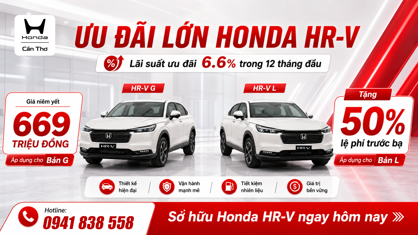 Honda HR-V ưu đãi lớn tại Cần Thơ – Giá chỉ từ 669 triệu, tặng 50% lệ phí trước bạ